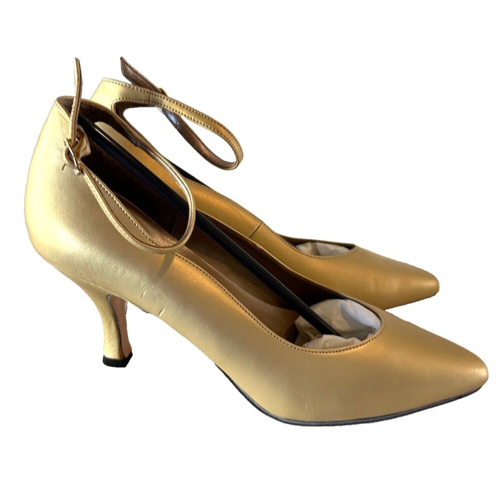 Ellemenno Women’s Vintage Brand New Gold Metallic Ankle Strap Pumps size 8.5